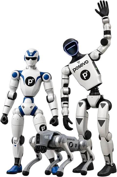 Unitree R1, Unitree G1 · EVO en de robothond Unitree Go2 Pro samen, vrijstaand